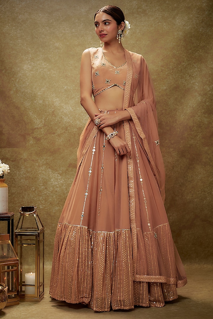 Beige Viscose Georgette Gota & Mirror Embroidered Lehenga Set by Renee Label