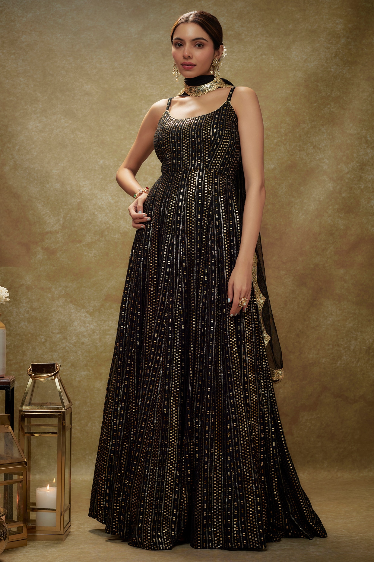 WOMEN BLACK Silk with Heavy 5mm Sequins & Thread Embroidery SUIT SET