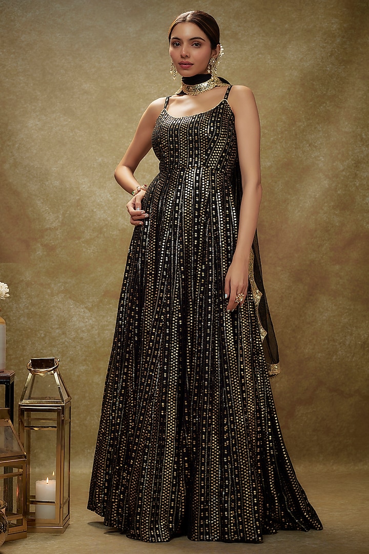 Black Viscose Georgette Sequins & Thread Embroidered Anarkali Set by Renee Label at Pernia's Pop Up Shop