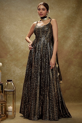 Black Viscose Georgette Sequins & Thread Embroidered Anarkali Set by Renee Label
