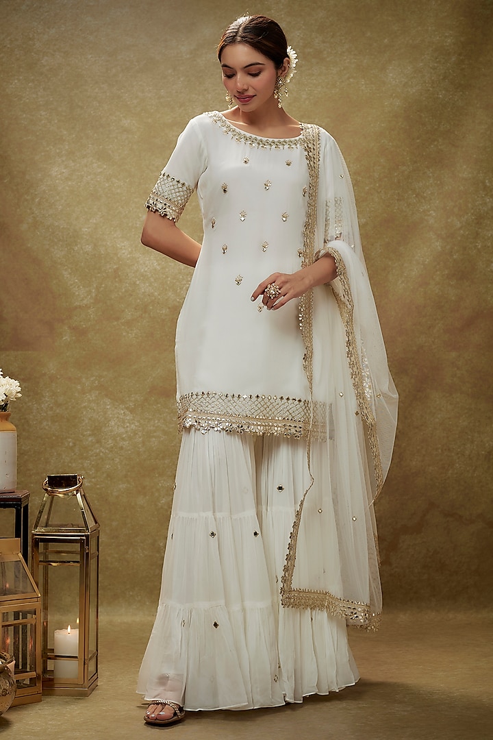 Ivory Viscose Georgette Mirror Embroidered Tiered Sharara Set by Renee Label