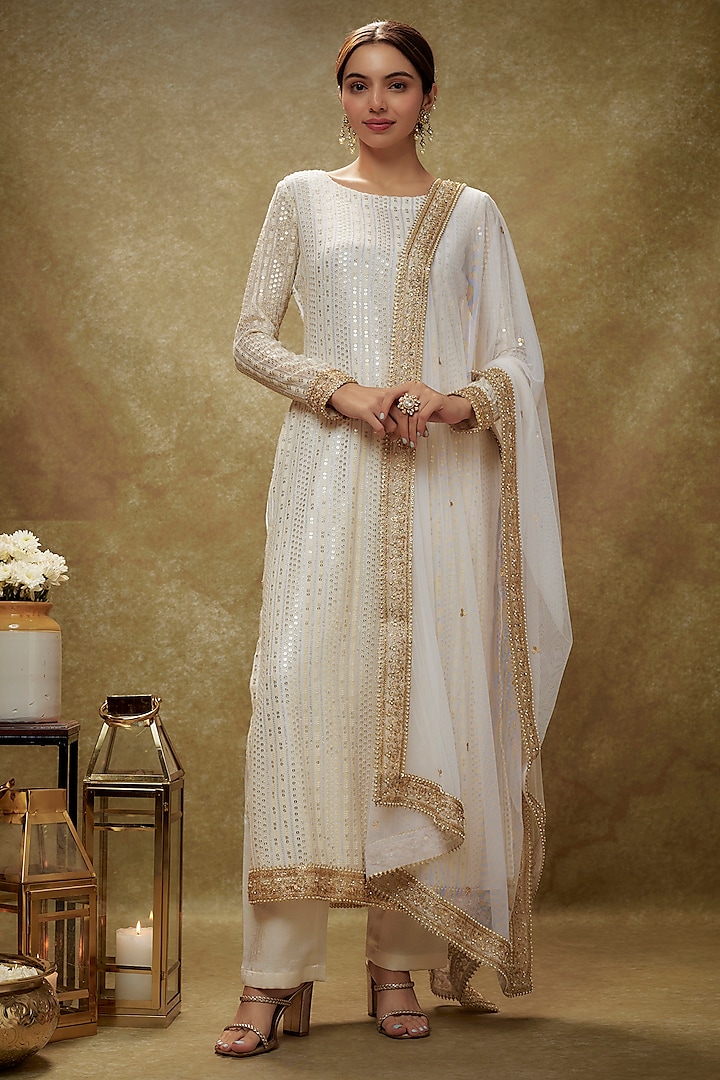 Ivory Viscose Georgette Sequins Embroidered Kurta Set by Renee Label