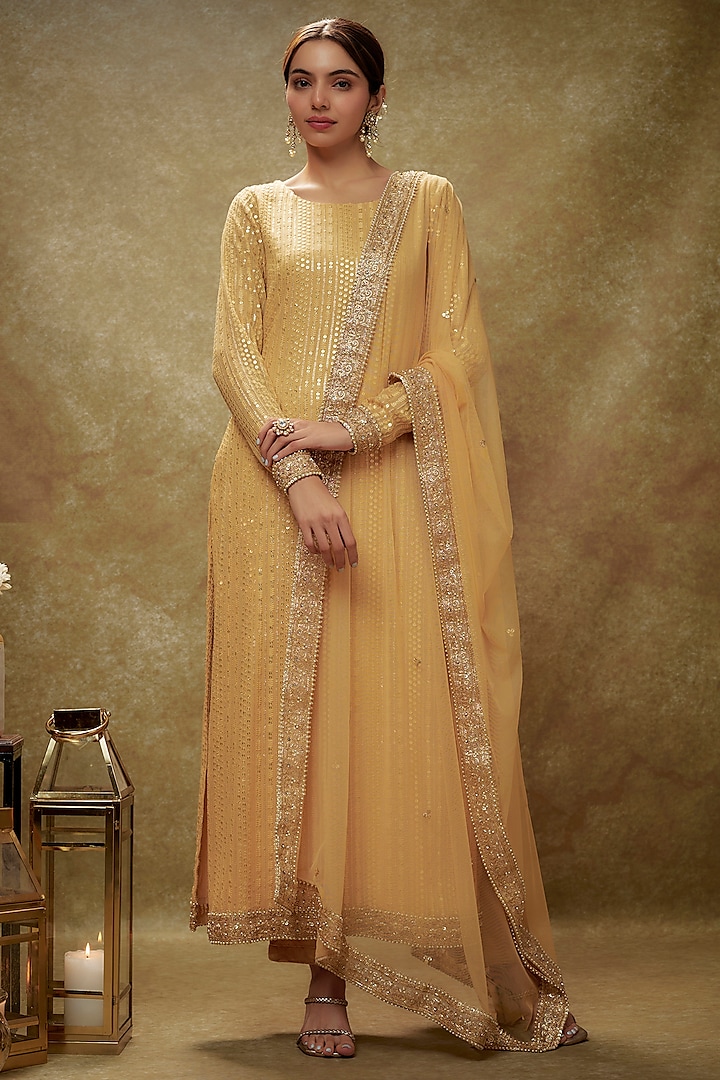 Champagne Gold Viscose Georgette Sequins Embroidered Kurta Set by Renee Label at Pernia's Pop Up Shop