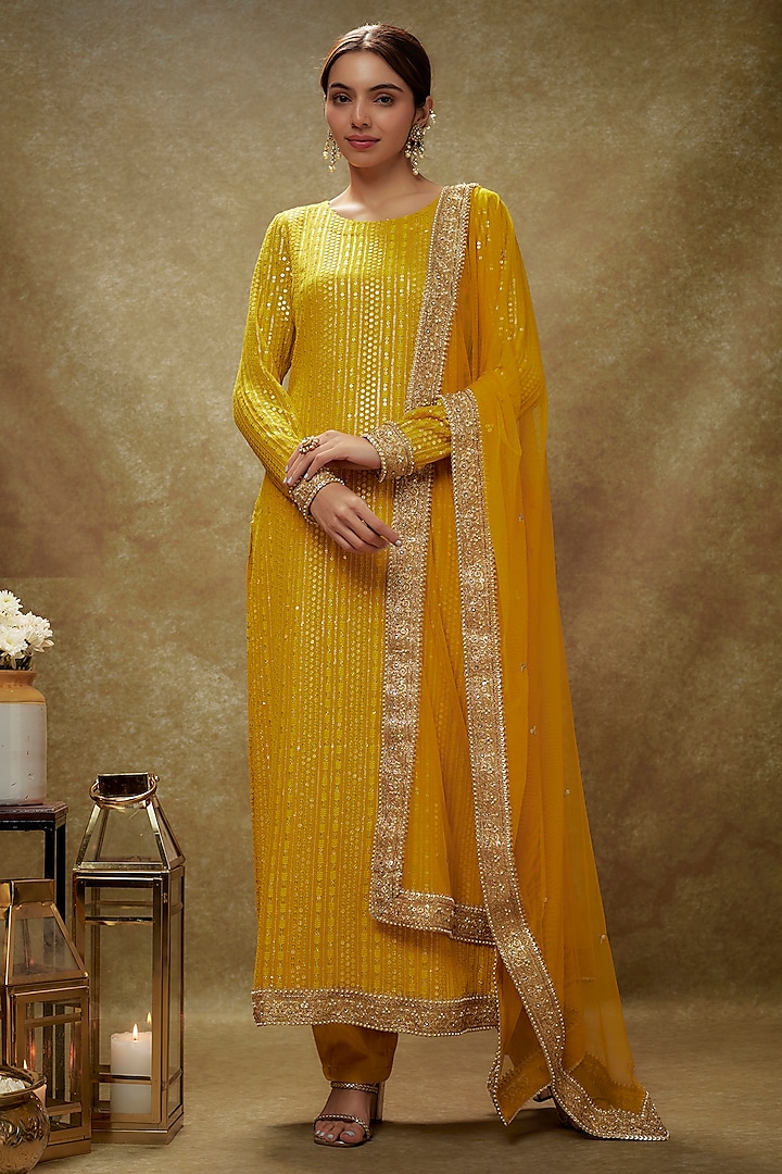 Haldi Yellow Viscose Georgette Sequins Embroidered Kurta Set by Renee Label at Pernia's Pop Up Shop