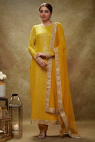 Haldi Yellow Viscose Georgette Sequins Embroidered Kurta Set by Renee Label