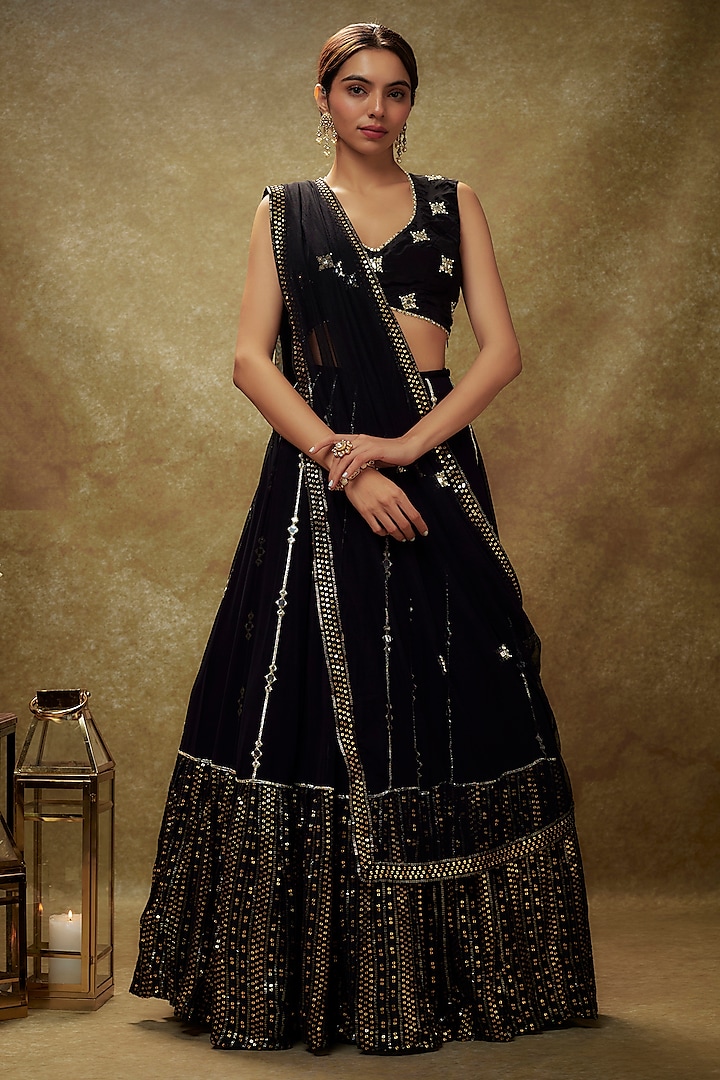 Black Viscose Georgette Gota & Mirror Embroidered Lehenga Set by Renee Label