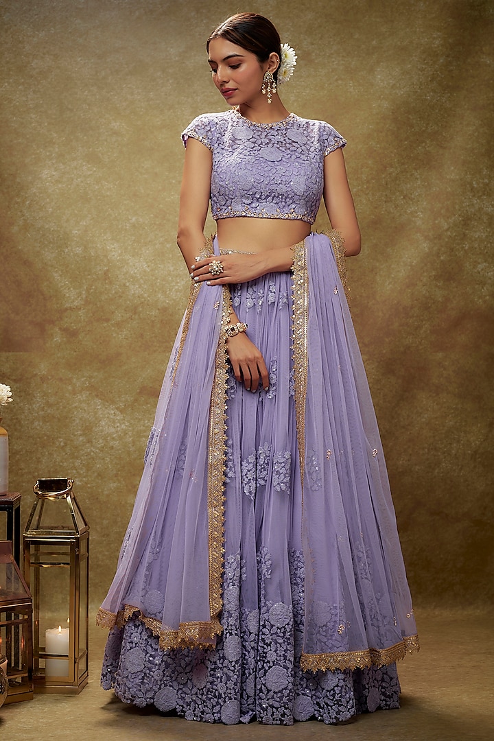 Lavender Soft Net Floral Thread Embroidered Wedding Lehenga Set by Renee Label at Pernia's Pop Up Shop