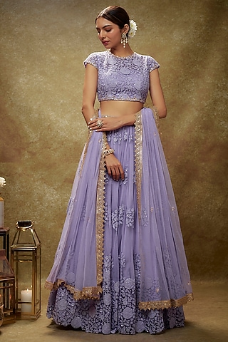 Lavender Soft Net Floral Thread Embroidered Lehenga Set by Renee Label