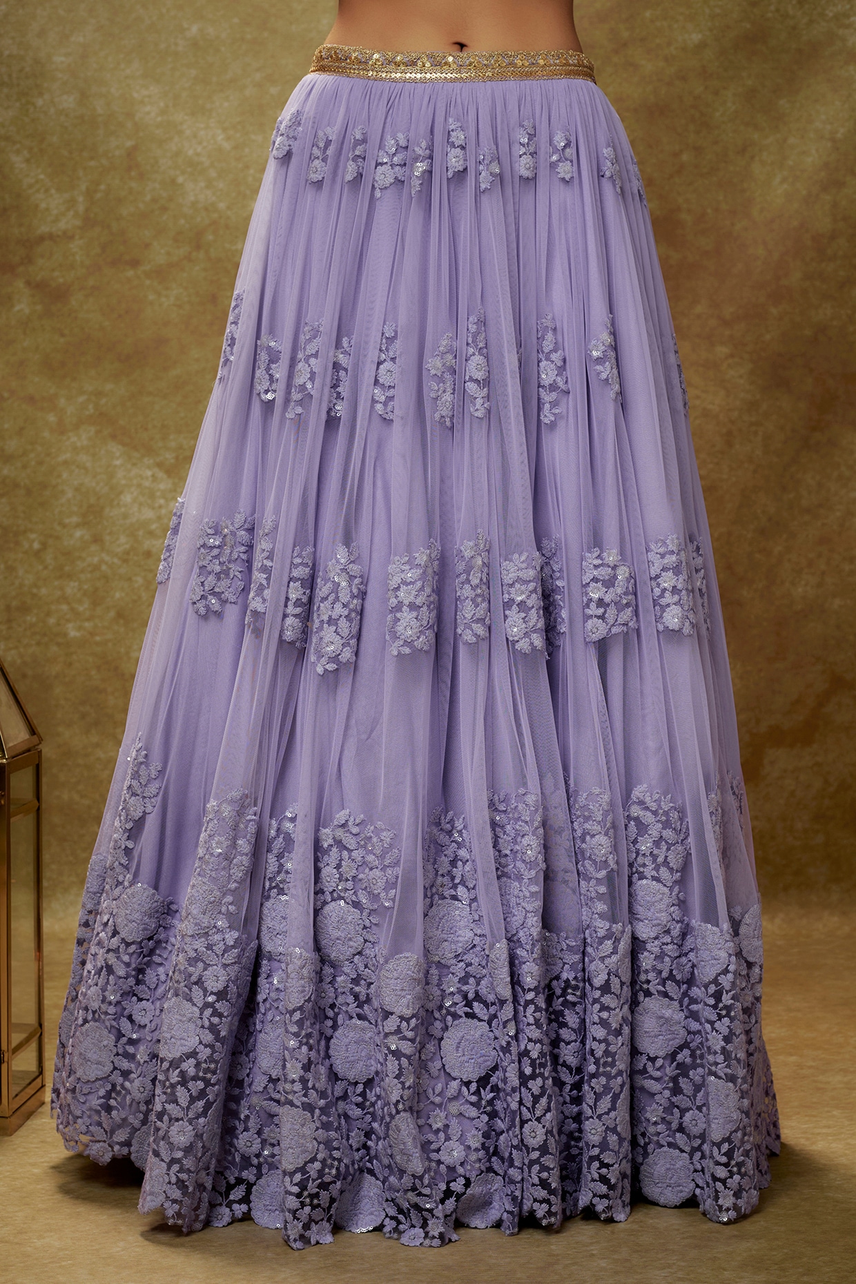Lavender Soft Net Floral Thread Embroidered Wedding Lehenga Set by