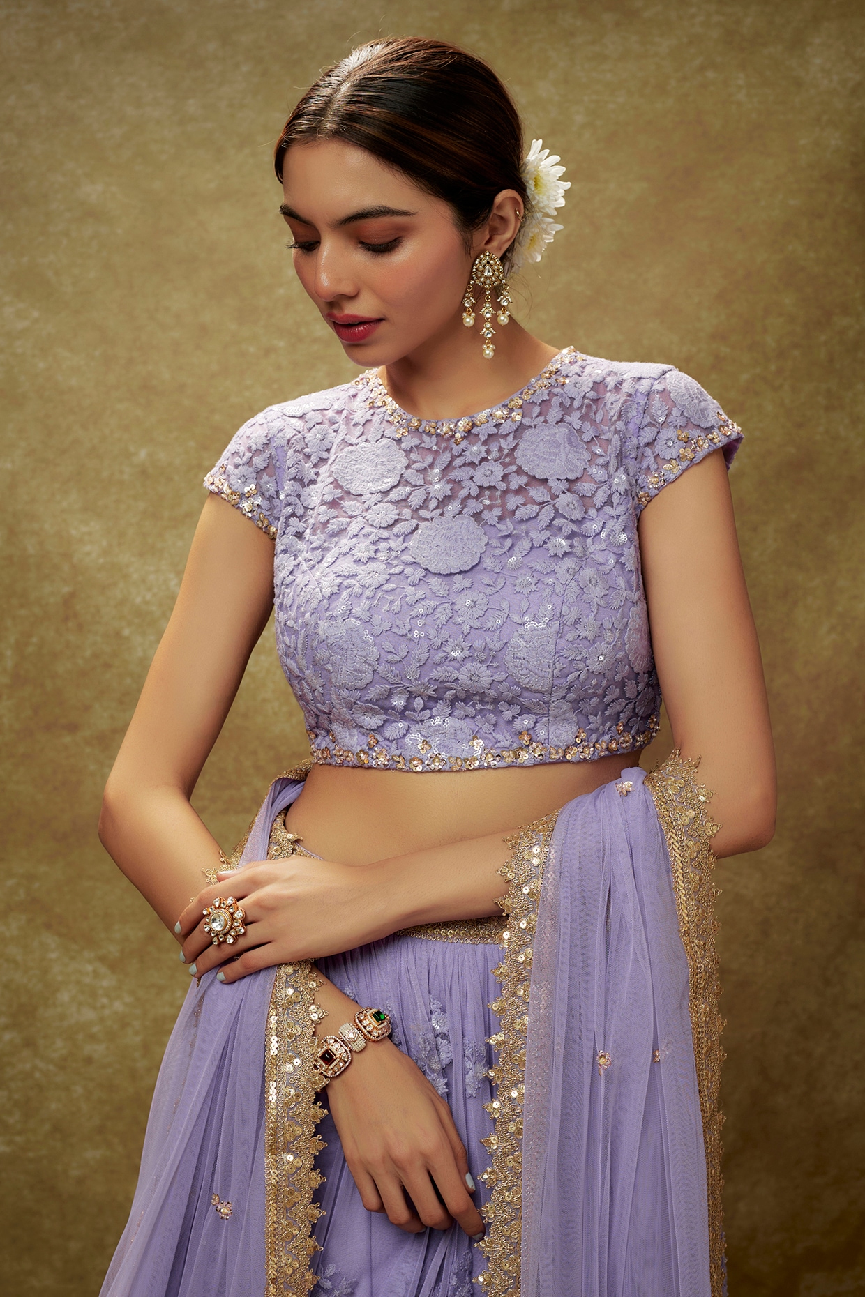 Lavender Soft Net Floral Thread Embroidered Wedding Lehenga Set by