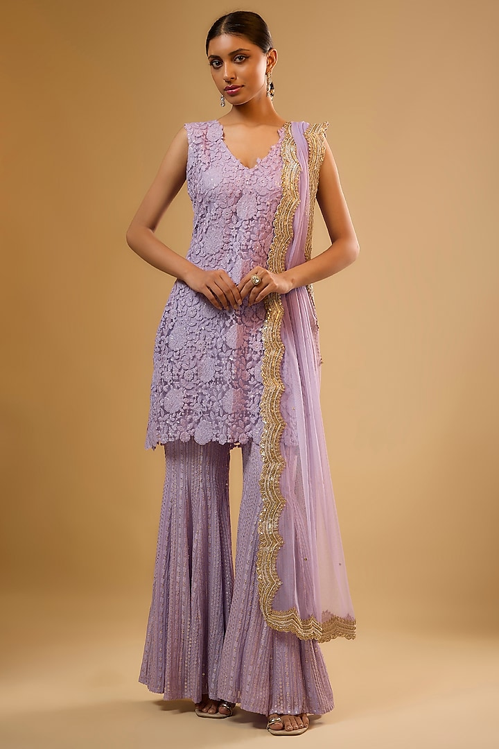 Purple Viscose Georgette Hand & Machine Embroidered Wedding Sharara Set by Renee Label at Pernia's Pop Up Shop