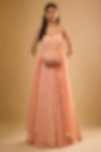 Peach Viscose Georgette Sequins Embroidered Wedding Anarkali Set by Renee Label at Pernia's Pop Up Shop