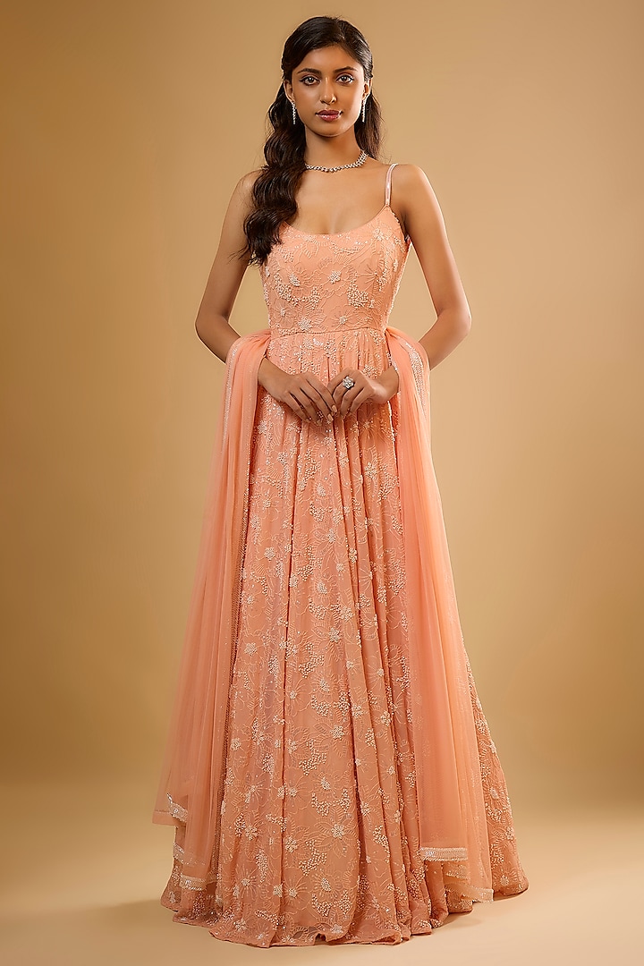 Peach Viscose Georgette Sequins Embroidered Wedding Anarkali Set by Renee Label at Pernia's Pop Up Shop