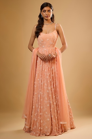 Peach Viscose Georgette Sequins Embroidered Anarkali Set by Renee Label