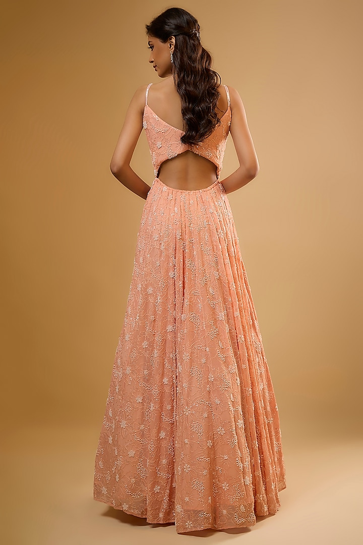 Peach Viscose Georgette Sequins Embroidered Wedding Anarkali Set by Renee Label at Pernia's Pop Up Shop