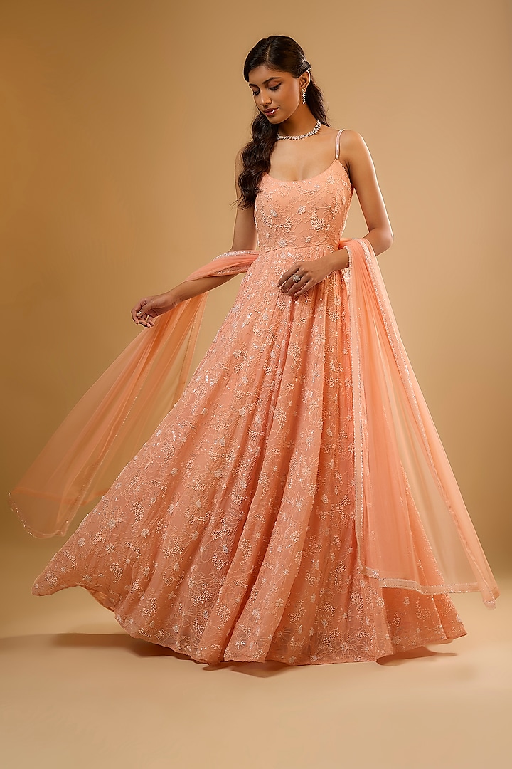 Peach Viscose Georgette Sequins Embroidered Wedding Anarkali Set by Renee Label at Pernia's Pop Up Shop