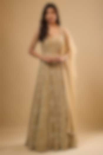 Champagne Gold Viscose Georgette Sequins Embroidered Wedding Anarkali Set by Renee Label at Pernia's Pop Up Shop