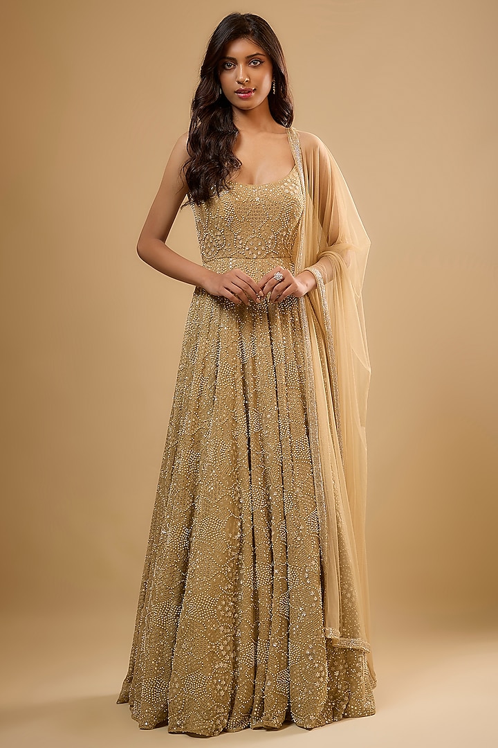 Champagne Gold Viscose Georgette Sequins Embroidered Wedding Anarkali Set by Renee Label at Pernia's Pop Up Shop