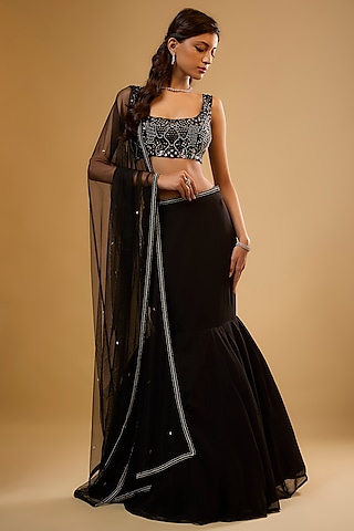 Black Viscose Georgette Sequins Embroidered Fish-Cut Lehenga Set by Renee Label