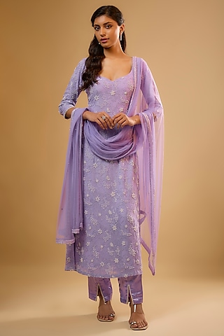 Lavender Viscose Georgette Sequins Embroidered Kurta Set by Renee Label
