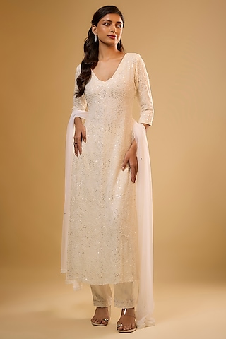 Ivory Viscose Georgette Sequins Embroidered Kurta Set by Renee Label