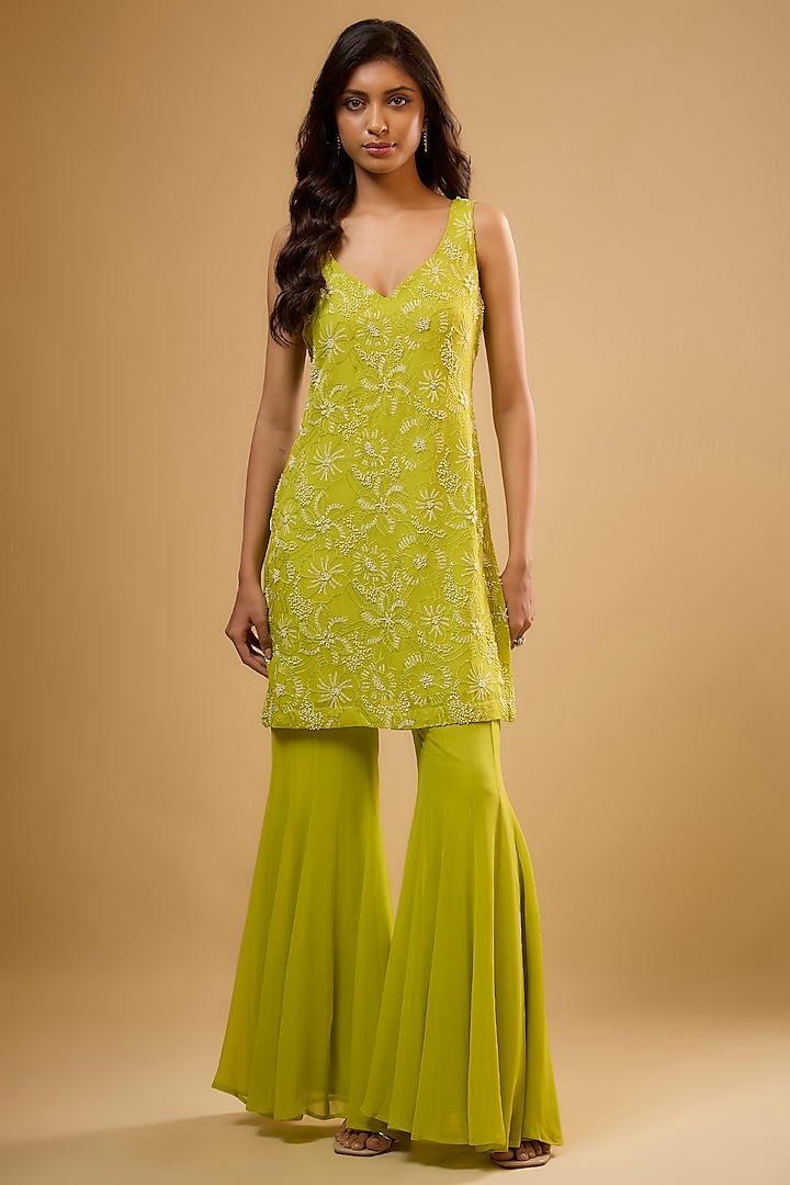 Green Viscose Georgette Wedding Sharara Set by Renee Label at Pernia's Pop Up Shop