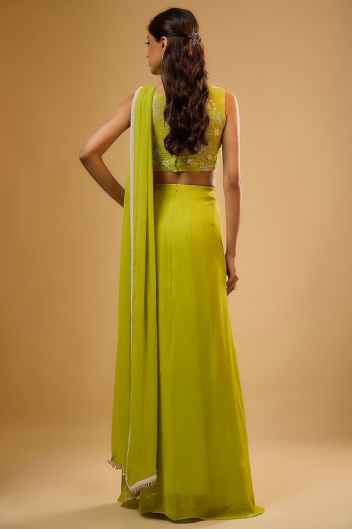 Green Viscose Georgette Embroidered Pre-Draped Party Wear Saree Set by Renee Label at Pernia's Pop Up Shop