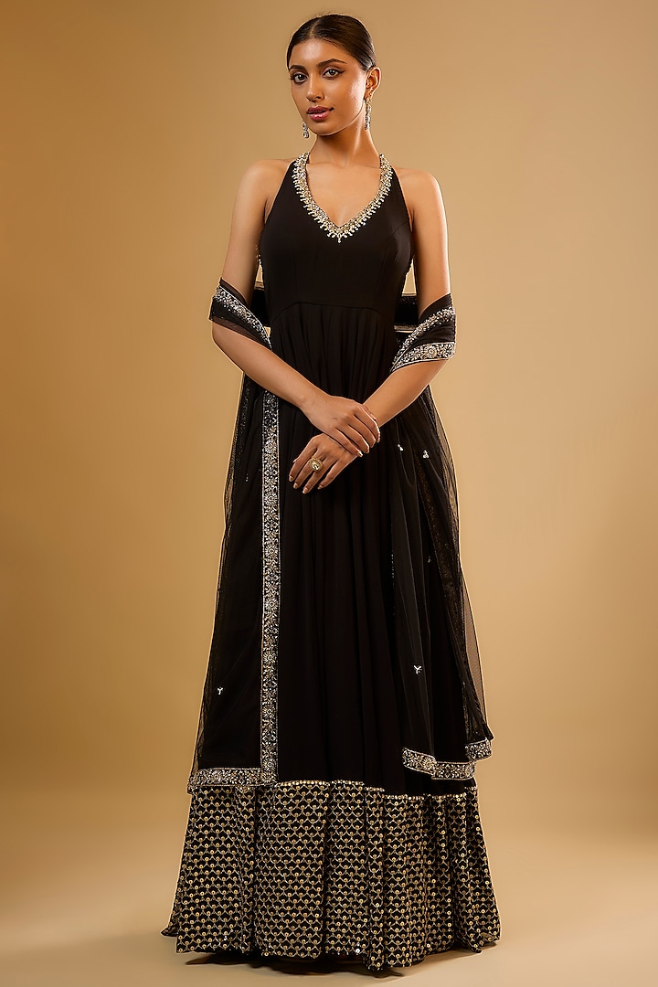 Black Viscose Georgette Sequins Embroidered Wedding Anarkali Set by Renee Label at Pernia's Pop Up Shop