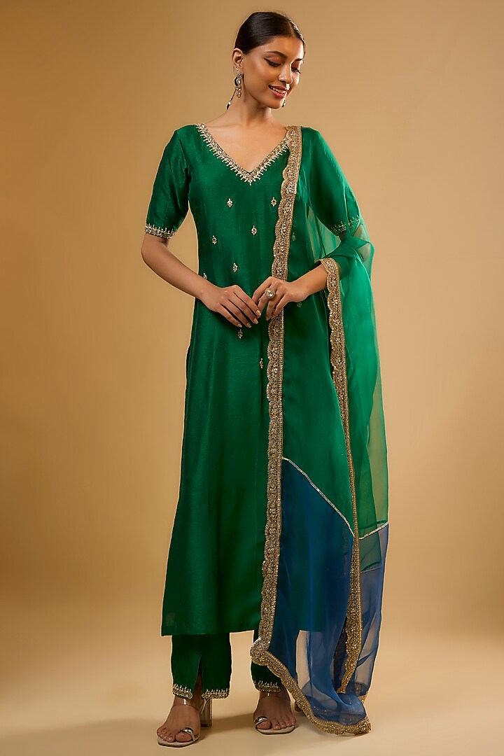 Green Semi Dupion Sequins Embroidered Kurta Set by Renee Label at Pernia's Pop Up Shop