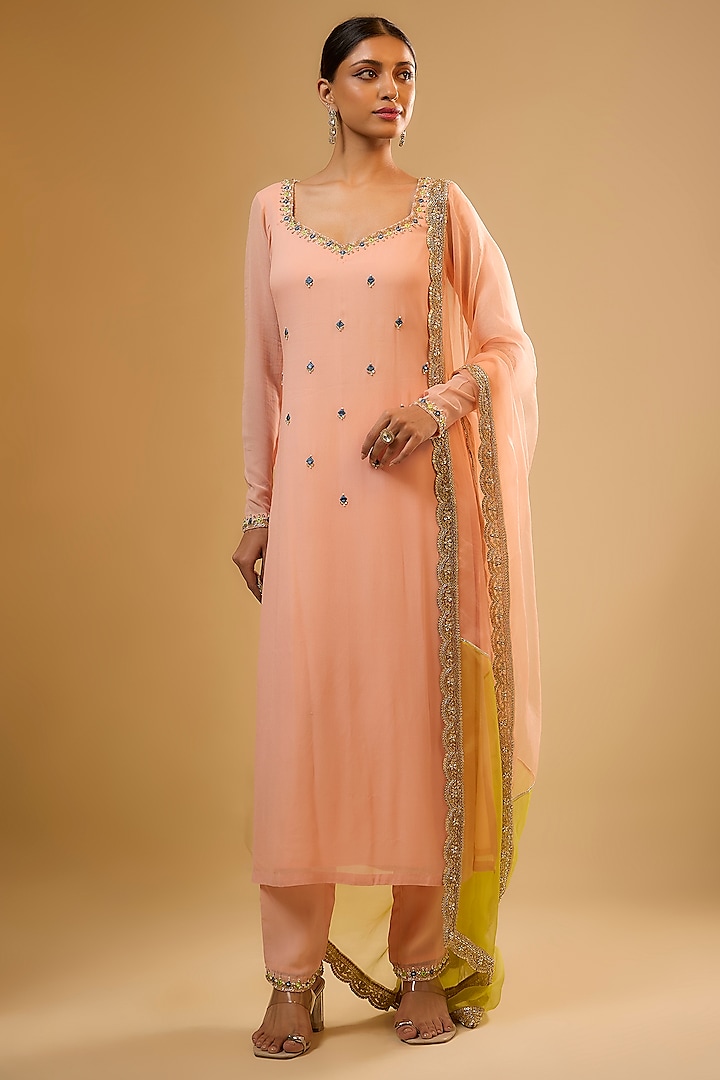 Peach Viscose Georgette Sequins Embroidered Kurta Set by Renee Label at Pernia's Pop Up Shop