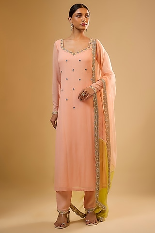 Peach Viscose Georgette Sequins Embroidered Kurta Set by Renee Label