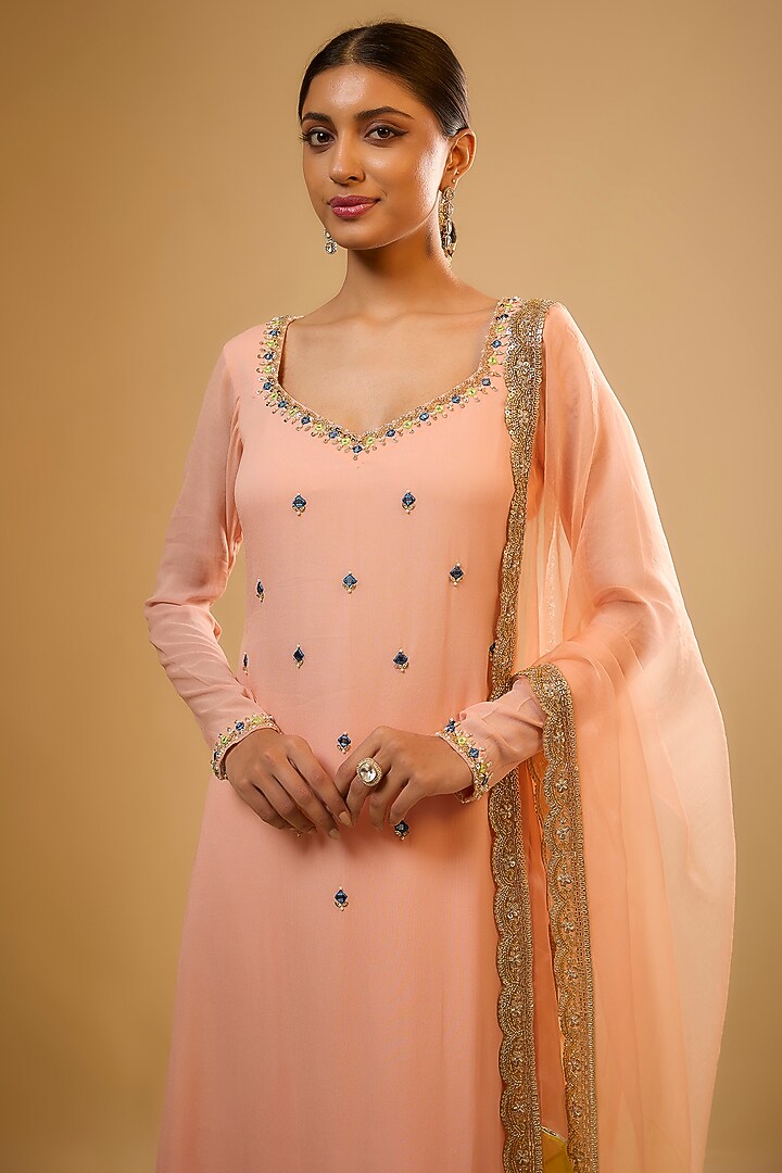 Peach Viscose Georgette Sequins Embroidered Kurta Set by Renee Label at Pernia's Pop Up Shop