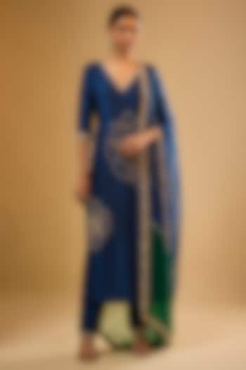 Blue Semi Dupion Sequins Embroidered Kurta Set by Renee Label at Pernia's Pop Up Shop