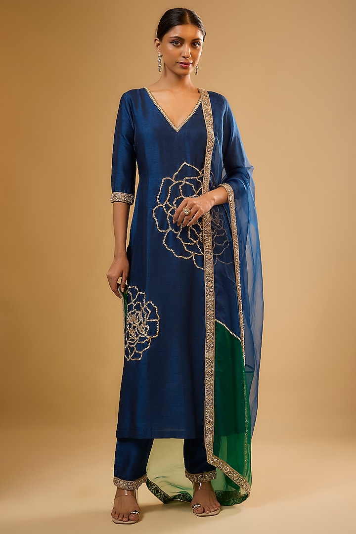 Blue Semi Dupion Sequins Embroidered Kurta Set by Renee Label at Pernia's Pop Up Shop
