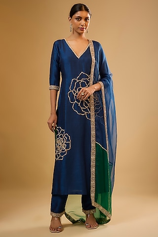 Blue Semi Dupion Sequins Embroidered Kurta Set by Renee Label
