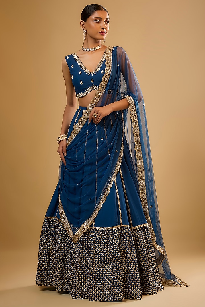 Blue Viscose Georgette Sequins Embroidered Wedding Lehenga Set by Renee Label at Pernia's Pop Up Shop