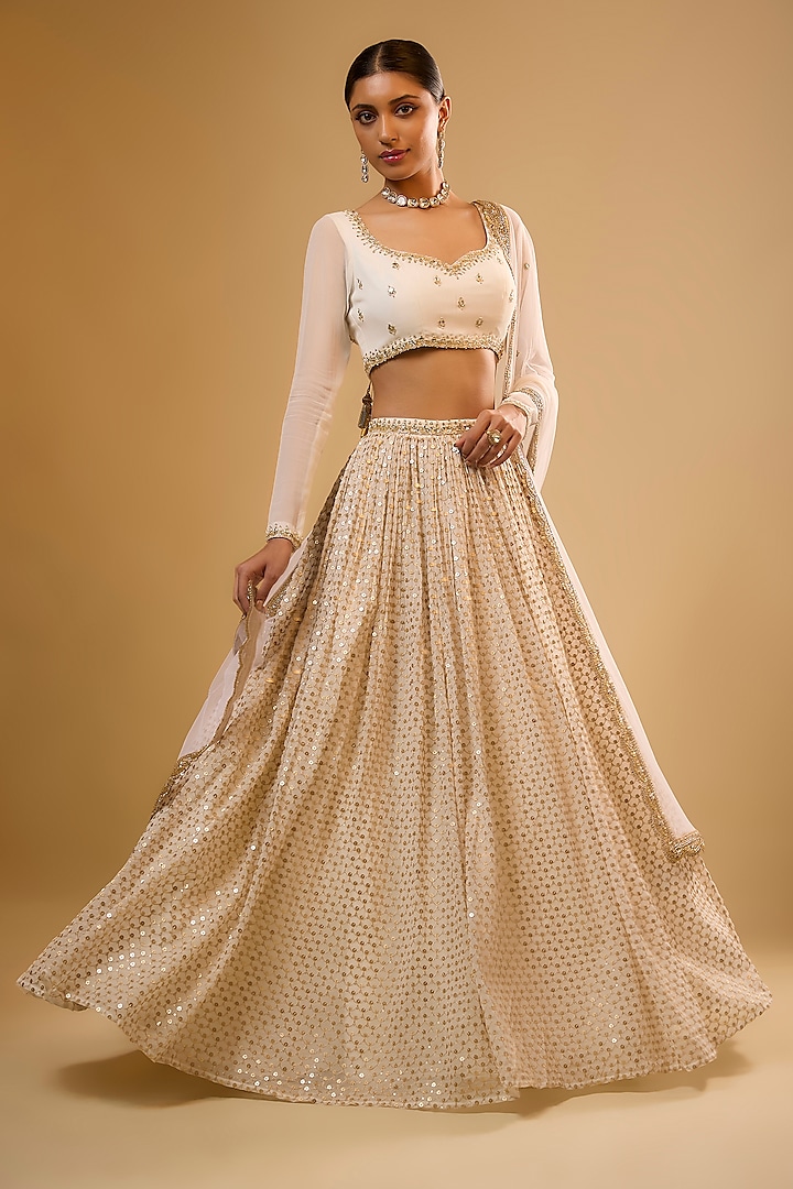 Ivory Viscose Georgette Sequins Embroidered Wedding Lehenga Set by Renee Label at Pernia's Pop Up Shop