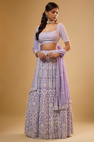 Lavender Viscose Georgette Sequins Embroidered Lehenga Set by Renee Label