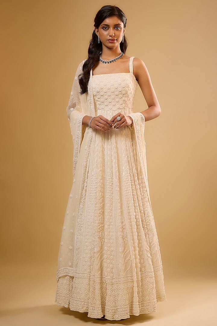 Ivory Viscose Georgette Sequins EMbroidered Bridal Anarkali Set by Renee Label at Pernia's Pop Up Shop