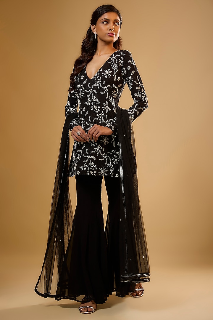 Black Viscose Georgette Wedding Sharara Set by Renee Label at Pernia's Pop Up Shop