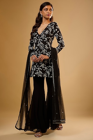 Black Viscose Georgette Sharara Set by Renee Label