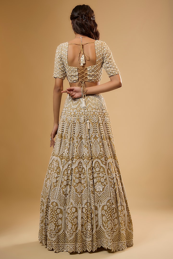 Champagne Gold Viscose Georgette Sequins Embroidered Wedding Lehenga Set by Renee Label at Pernia's Pop Up Shop