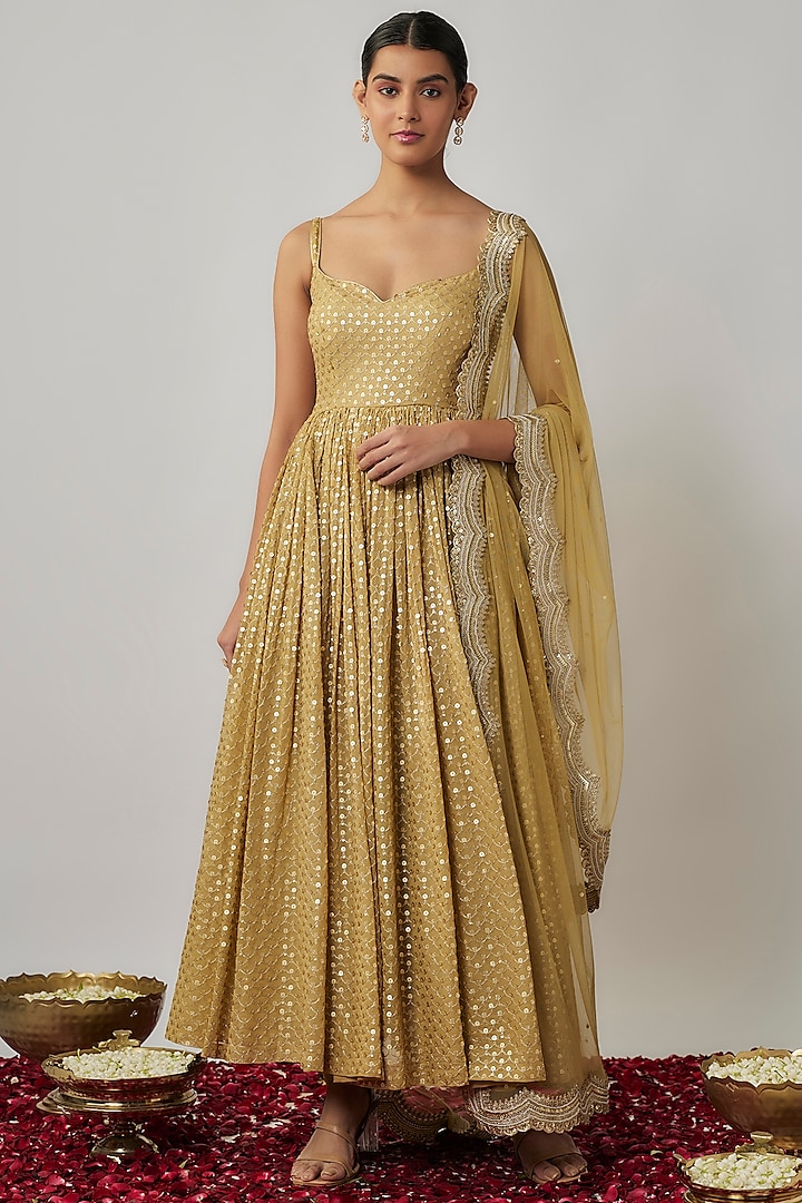 Gold Viscose Georgette Thread & Sequins Embroidered Anarkali Set by Renee Label