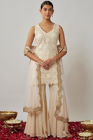 Ivory Viscose Georgette Thread & Sequins Embroidered Sharara Set by Renee Label