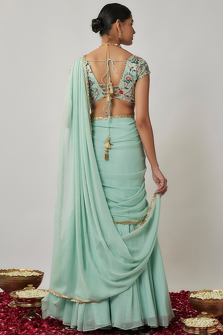 Mint Viscose Georgette Embroidered Party Wear Lehenga Saree Set by Renee Label at Pernia's Pop Up Shop