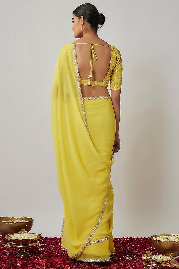 Lemon Yellow & Gold Viscose Georgette Party Wear Saree Set by Renee Label at Pernia's Pop Up Shop