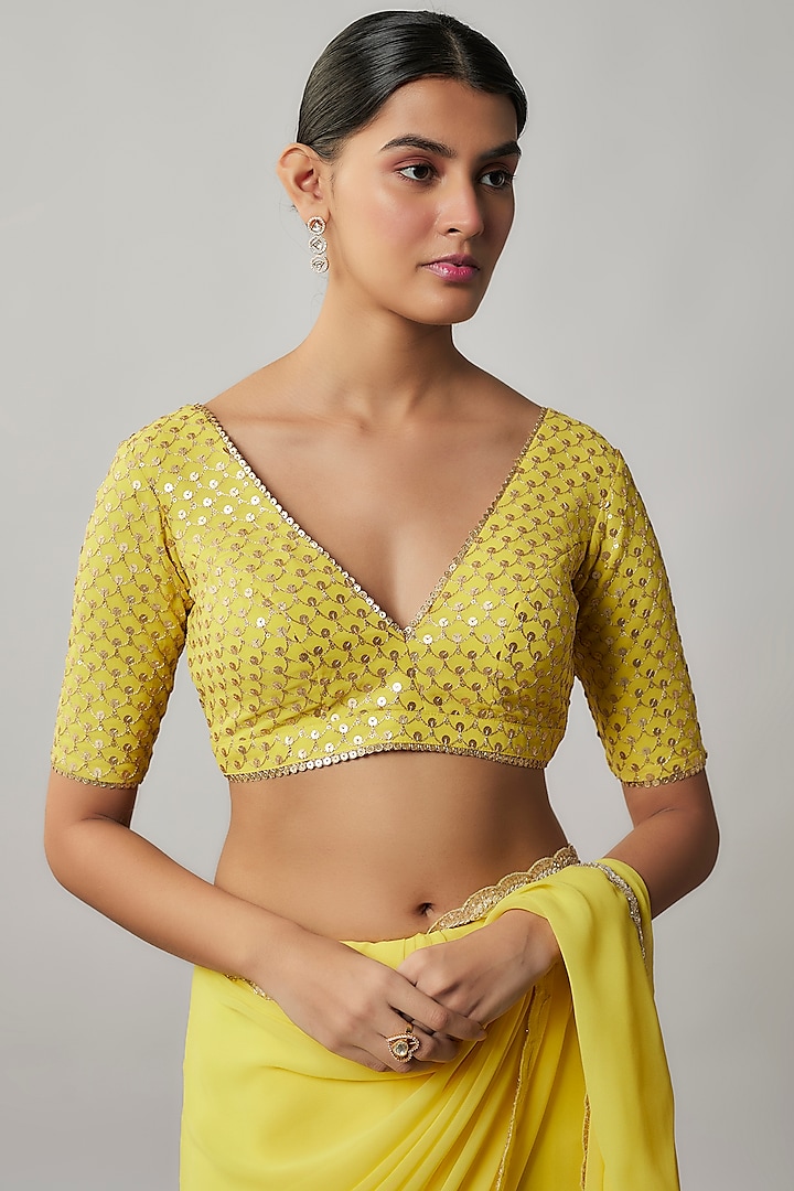 Lemon Yellow & Gold Viscose Georgette Party Wear Saree Set by Renee Label at Pernia's Pop Up Shop