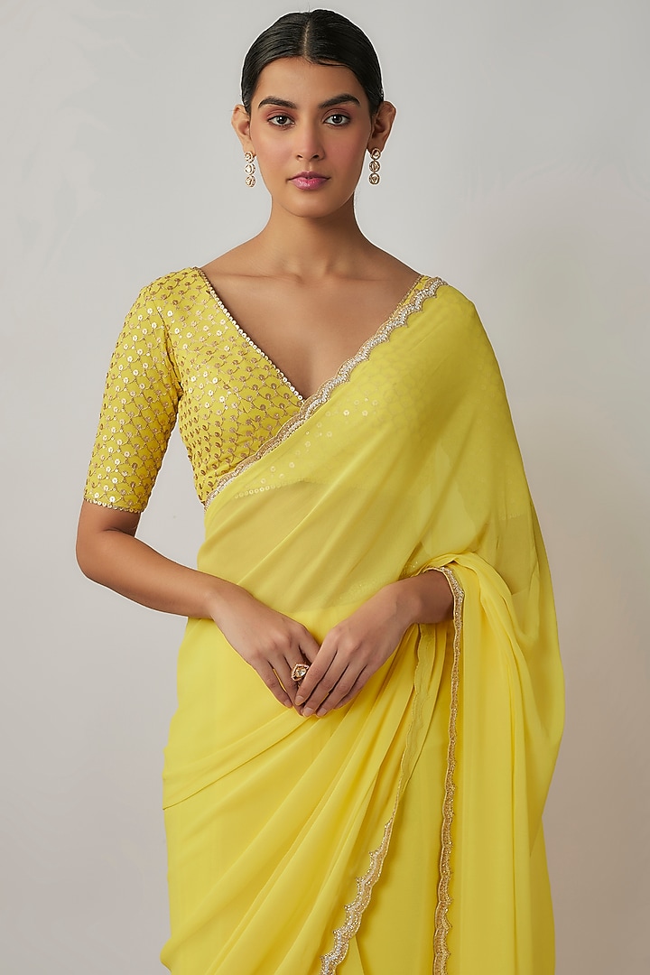 Lemon Yellow & Gold Viscose Georgette Party Wear Saree Set by Renee Label at Pernia's Pop Up Shop