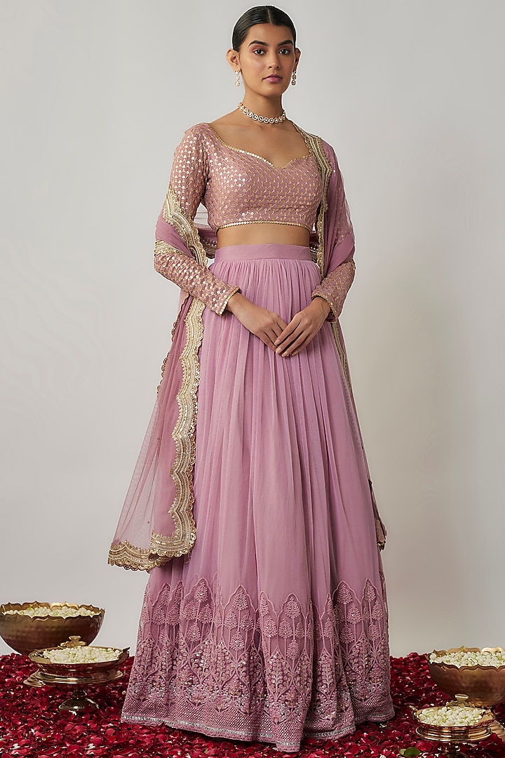 Mauve & Gold Soft Net Thread Embroidered Lehenga Set by Renee Label