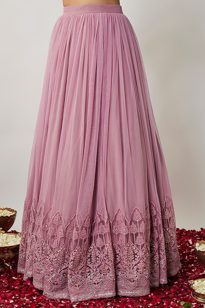 Mauve & Gold Soft Net Thread Embroidered Wedding Lehenga Set by Renee Label at Pernia's Pop Up Shop